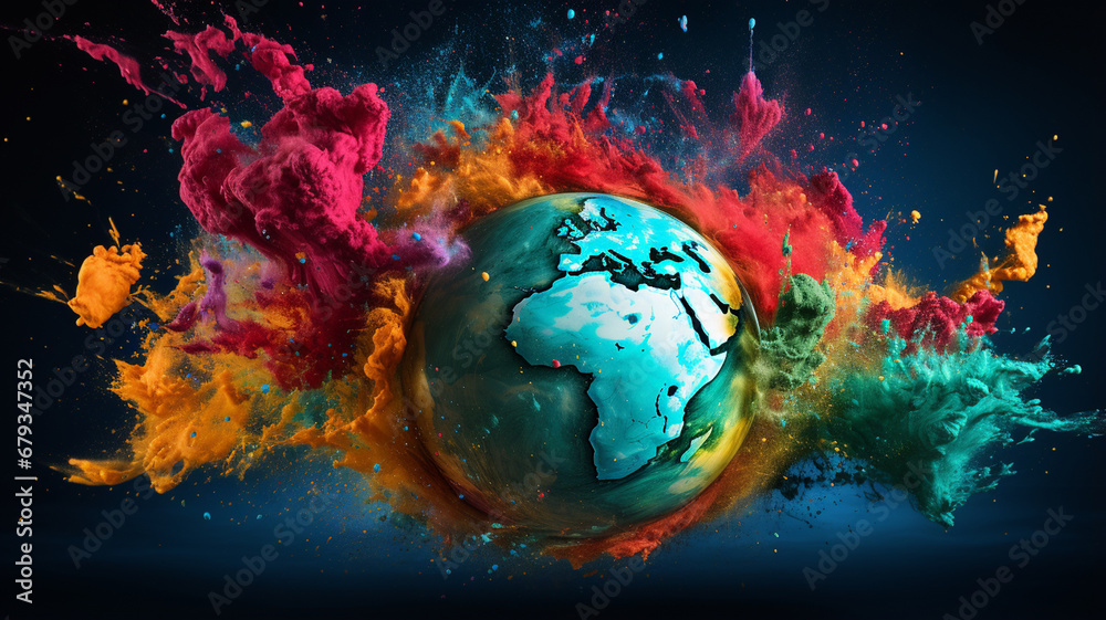 world map and colorful paint splashes