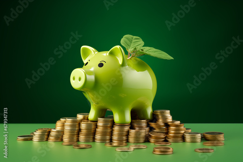 Cofre de porco verde em cima de uma pilha de moedas com planta brotando dele - Papel de parede de preservação  photo
