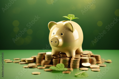 Cofre de porco verde em cima de uma pilha de moedas com planta brotando dele - Papel de parede de preservação  photo