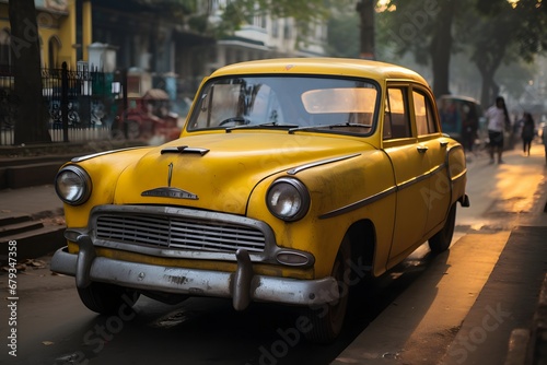 Yellow vintage taxi in Kolkata, India