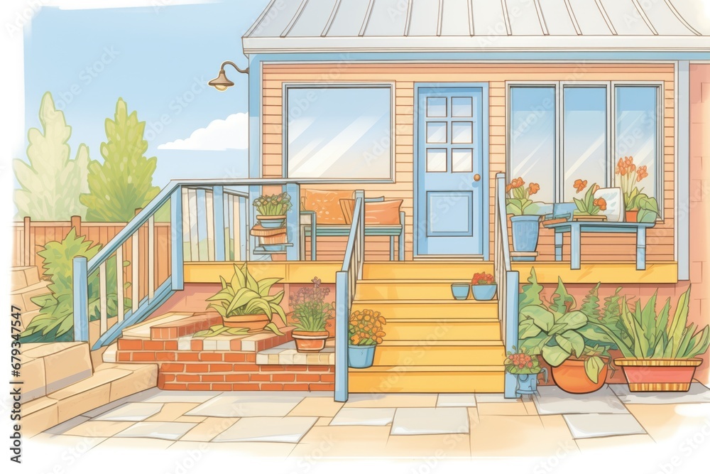 staircase leading up to a cape cod homes porch, magazine style illustration