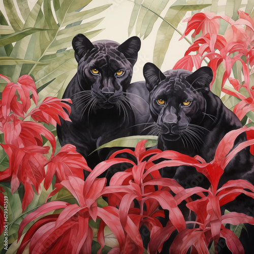 Duas panteras negras na floresta de plantas verdes e vermelhas - ilustração em aquarela 