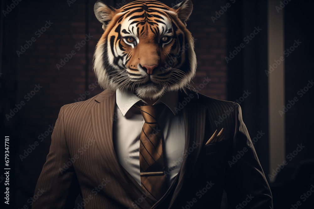 tigre vestido com um terno elegante e uma bela gravata. Retrato fashion de um animal antropomórfico posando com uma atitude humana - obrazy, fototapety, plakaty 