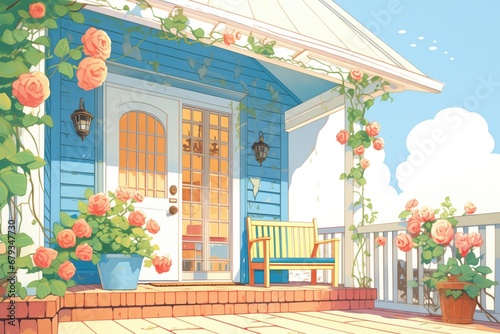 view of a cape cod house porch with climbing roses, magazine style illustration © studioworkstock