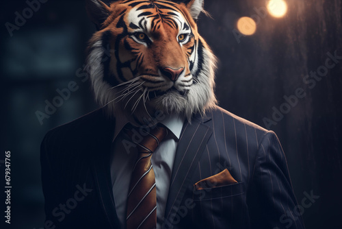 tigre vestido com um terno elegante e uma bela gravata. Retrato fashion de um animal antropomórfico posando com uma atitude humana photo