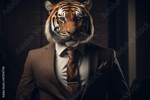 tigre vestido com um terno elegante e uma bela gravata. Retrato fashion de um animal antropomórfico posando com uma atitude humana