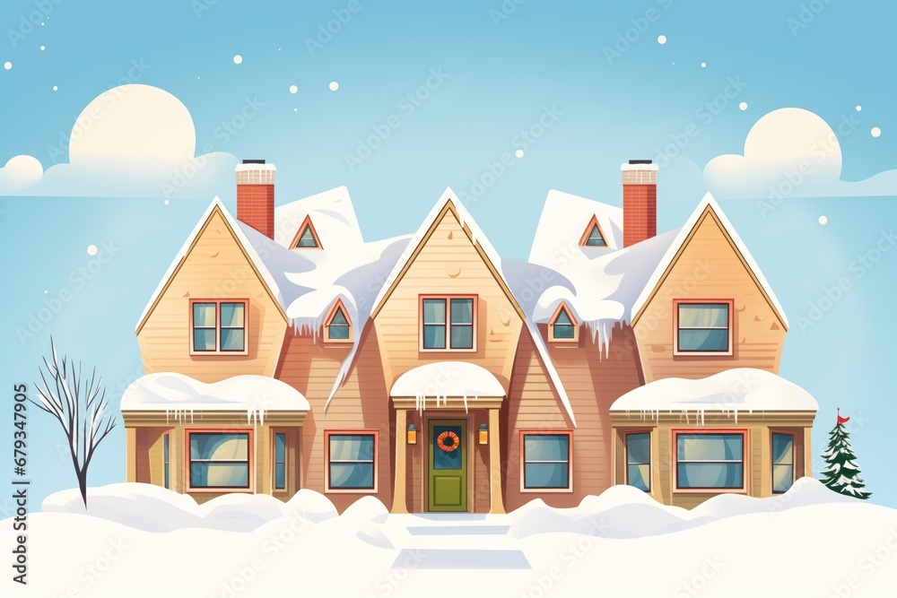 beige cape cod with four dormers under snowy sky, magazine style illustration