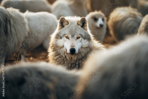 Lobo branco no meio do rebanho de ovelhas brancas - Papel de parede photo