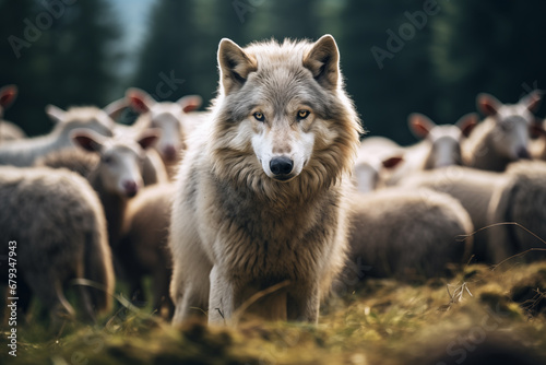 Lobo branco no meio do rebanho de ovelhas brancas - Papel de parede