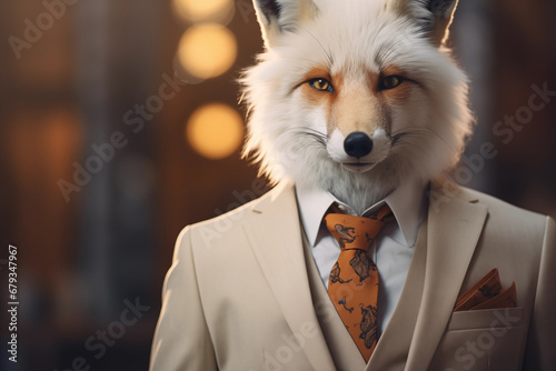 raposa albina, vestido com um terno elegante e uma bela gravata. Retrato fashion de um animal antropomórfico posando com uma atitude humana photo