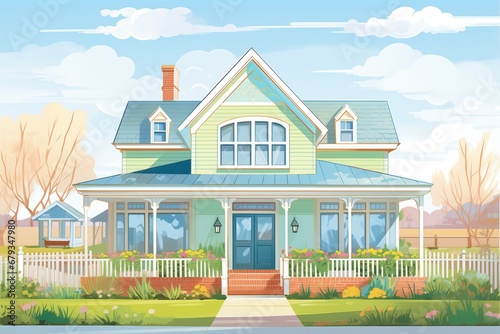 cape cod house with sea-green dormers in springtime, magazine style illustration
