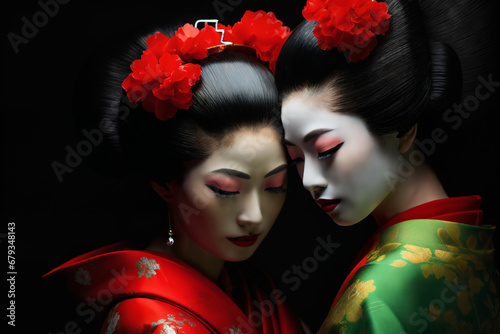 two geisha women wearing traditional japanese costumes on a black background