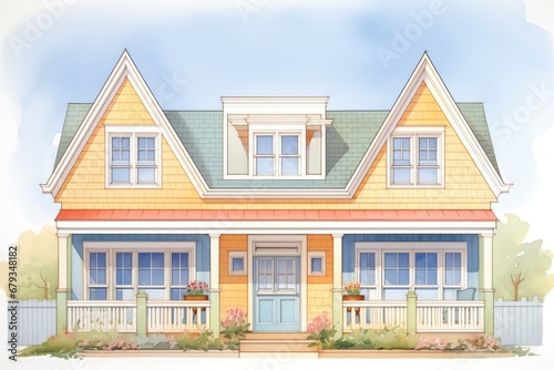 detailed view of twin dormers on a cape cod home, magazine style illustration