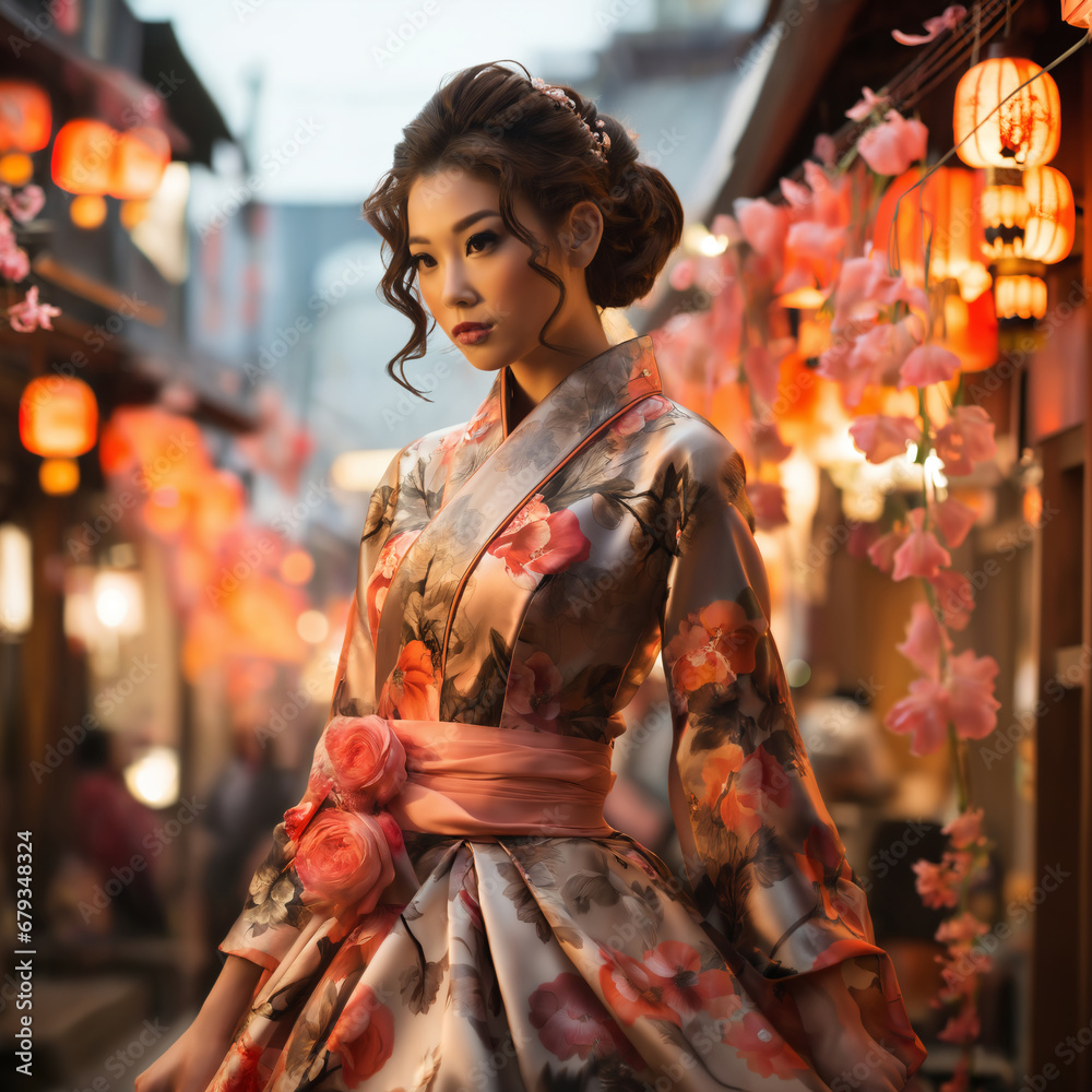 a beautiful woman posing in traditional japanese kimono with floral pattern, Kyoto traditional old street scenes