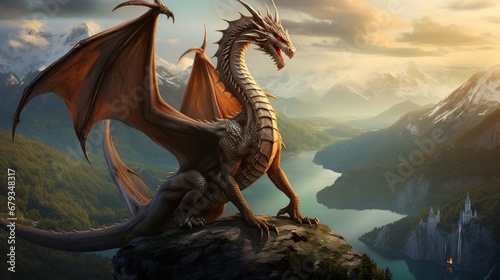 Majestic dragon perched on mountain peak overlooking AI generated illustration © ArtStage