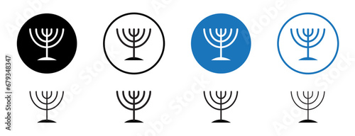 Jewish Candles line icon set. Menorah outline icon in black filled and outlined style. photo