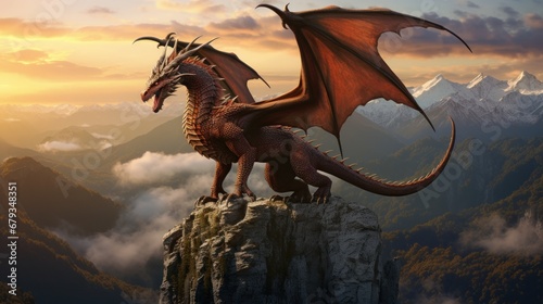 Majestic dragon perched on mountain peak overlooking AI generated illustration © ArtStage