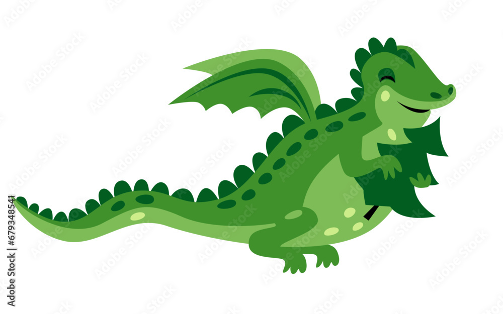 Cute green dragon flies smiling and holding a Christmas tree