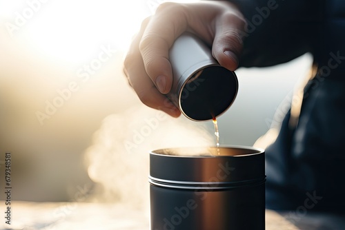 A man in nature pours a hot drink from a thermos while hiking in nature. photo