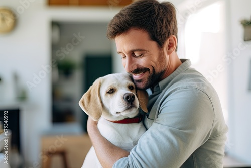 Happy Caucasian man having a nice time with his cute dog indoors, showing the bond between owner and pet.