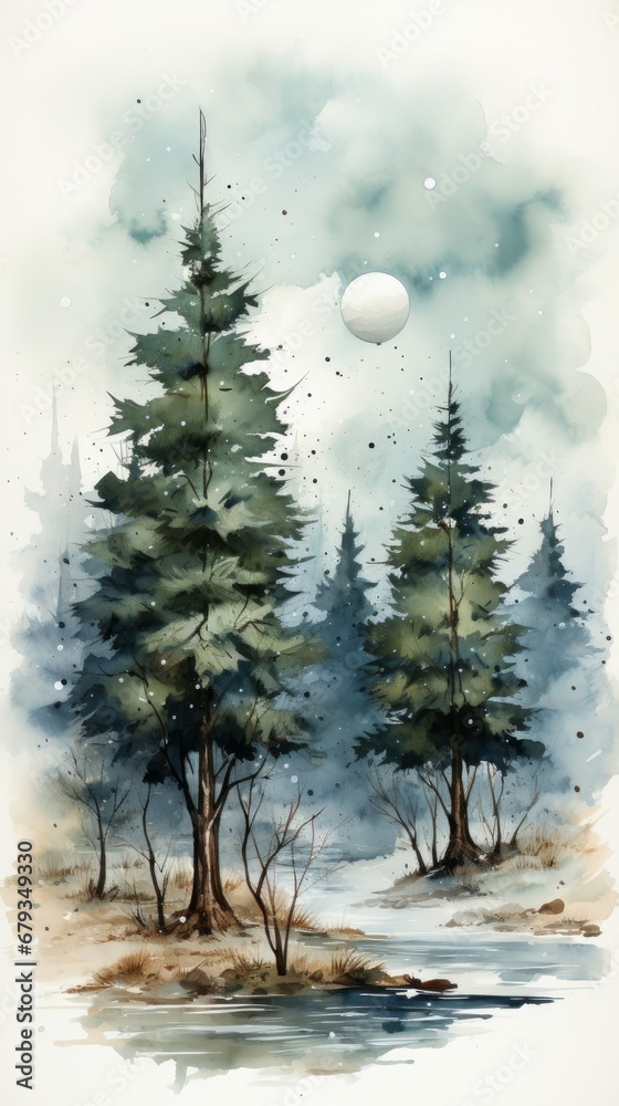 Naklejka premium Minimalistic watercolor Christmas poster AI generated illustration