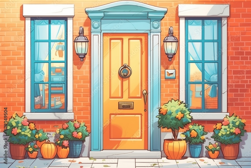 close-up of a colonial houses bright orange central front door, magazine style illustration