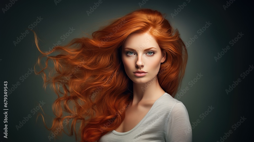 studio portrait of a red-haired model expressing attitude.