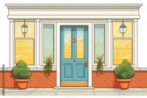 front door detail of a colonial house with transom window, magazine style illustration photo