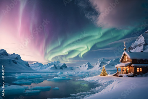 Christmas Celebration in House Outdoor View with Aurora and Frozen Lake © Seasonal Content
