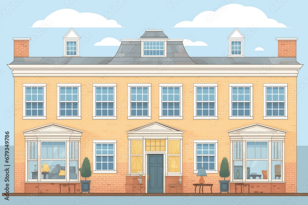 symmetry of windows in a colonial brick house, magazine style illustration