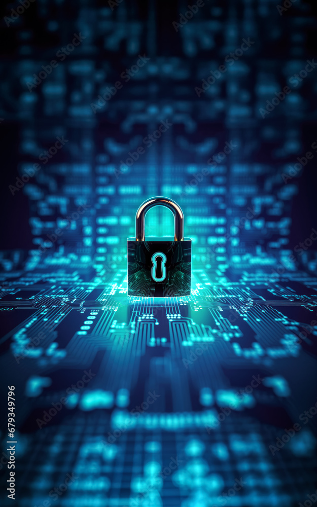 Padlock over glowing abstract electronic circuit background, vertical banner - cyber security concept. Generative AI - obrazy, fototapety, plakaty 