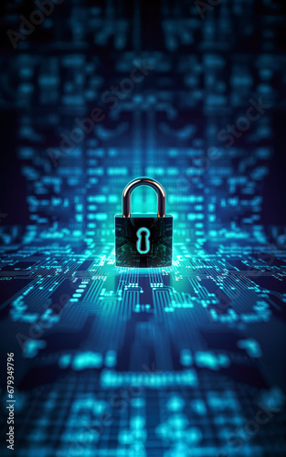 Padlock over glowing abstract electronic circuit background, vertical banner - cyber security concept. Generative AI