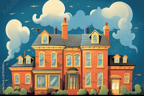 moonlit view of colonial homes dual chimneys, magazine style illustration