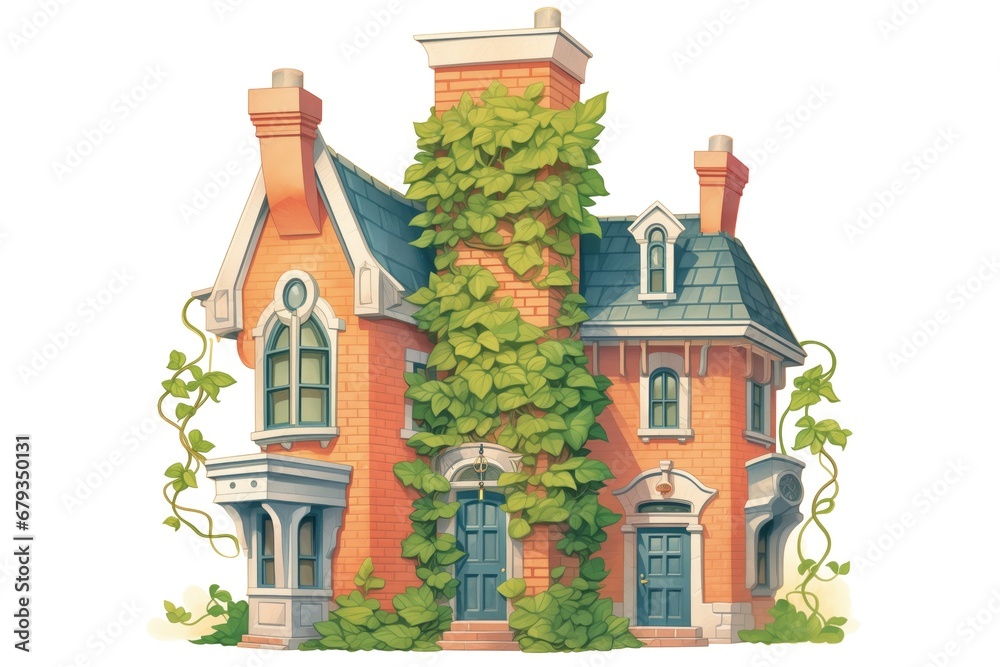dual chimneys of a colonial house with climbing ivy, magazine style illustration