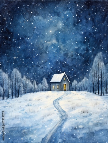A winter night with a cabin in the snow