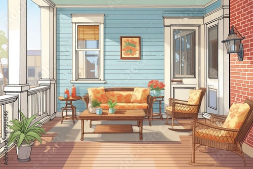 image of colonial houses side porch with patio furniture  magazine style illustration