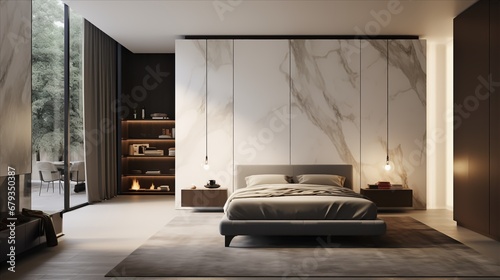 an Italian villa-inspired minimalist bedroom with marble accents and concealed storage in classic wardrobes