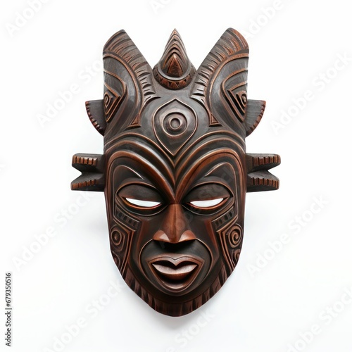 African Symmetry in Tribal Tradition mask, intricate carvings, dark wood, symmetrical patterns, cultural artifact, white background, traditional craftsmanship