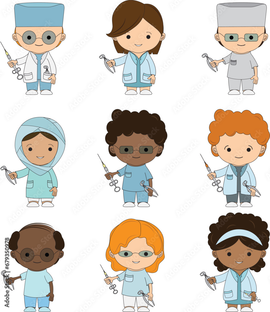 Set Illustrations medical personnel, doctor, nurse, health, medicine. Collection Medical characters. Cute doctors, stomatologs and nurses. Men and women are avatars. Vector flat illu Set Illustrations medical personnel, doctor, nurse, health, medicine. Collection Medical characters. Cute doctors, stomatologs and nurses. Men and women are avatars. Vector flat illu