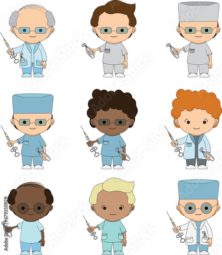 Set Illustrations medical personnel, doctor, nurse, health, medicine. Collection Medical characters. Cute doctors, stomatologs and nurses. Men and women are avatars. Vector flat illu