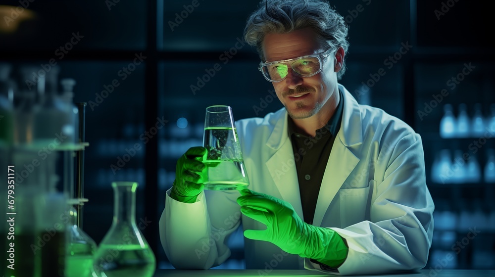 scientist in a white lab coat, holding a beaker filled with a bubbling