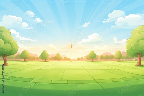 a golf course green freshly mowed with the sunrise in the background photo