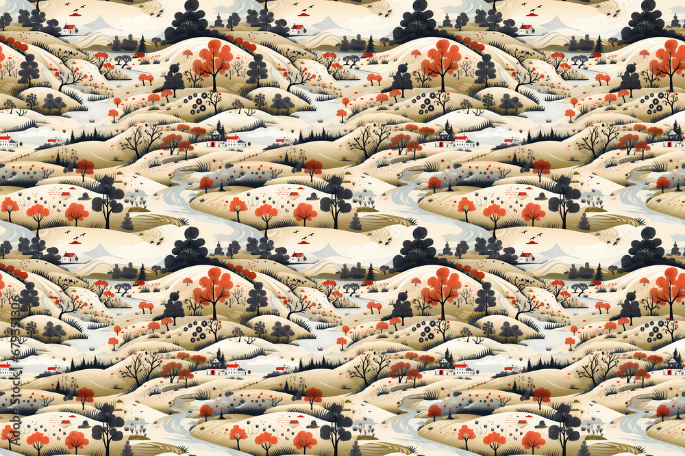 dramatic landscape illustration seamless pattern