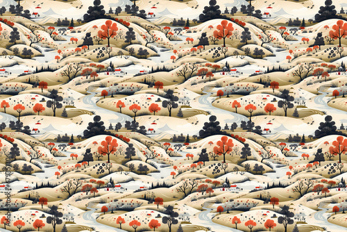 dramatic landscape illustration seamless pattern