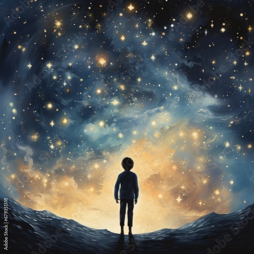 a child standing in front of a starry sky