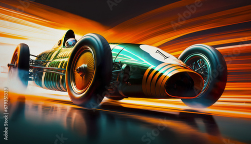 A vintage race car in full throttle, captured with speed lines emphasizing rapid motion