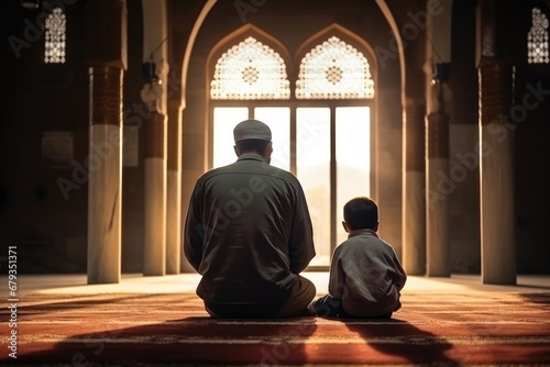 Muslim father and his son pray the koran in a mosque photo