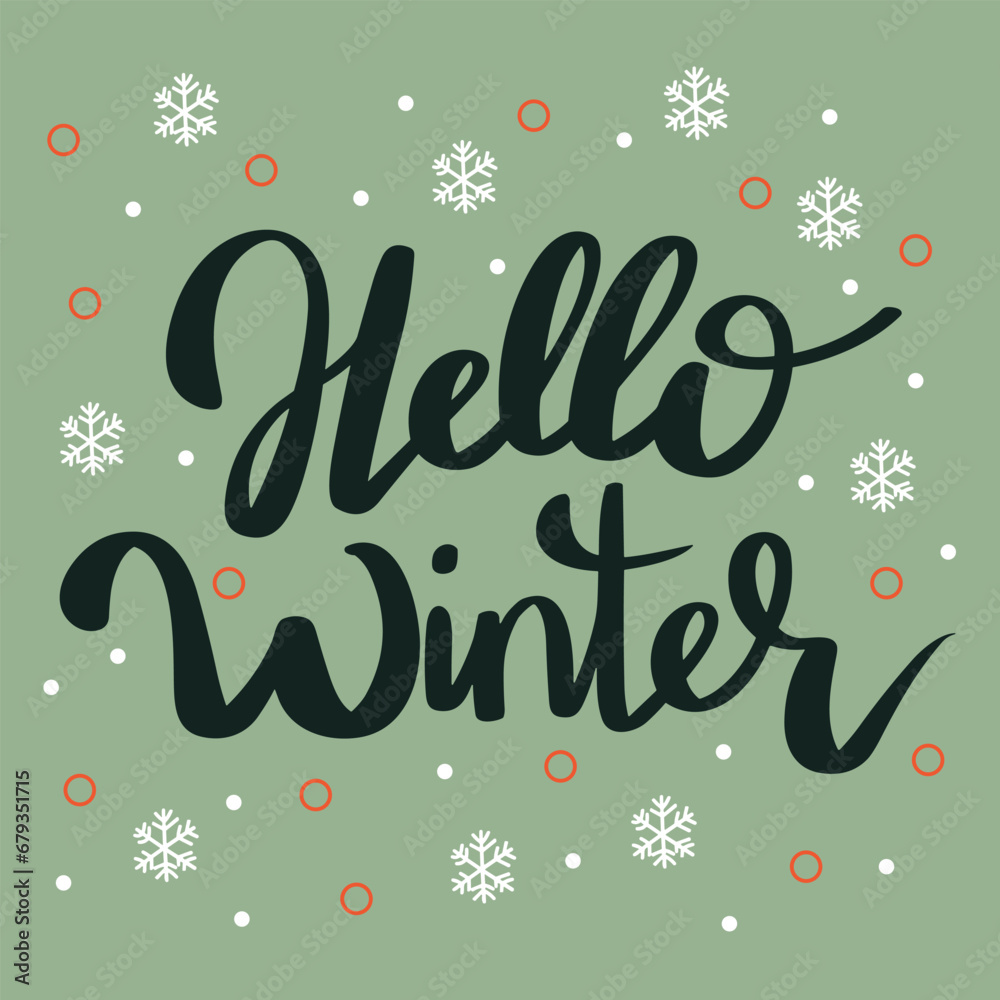Hello Winter text banner. Handwriting lettering Hello Winter square banner or post. Color calligraphy holiday text banner. Hand drawn vector art.