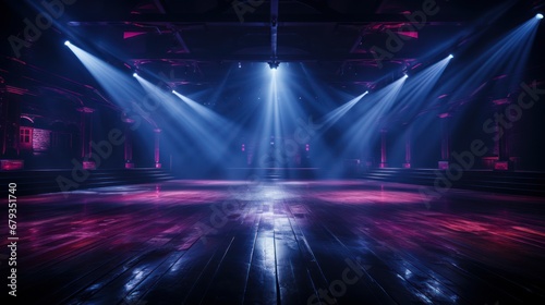 The dark stage shows empty dark blue purple pin back AI generated illustration © ArtStage