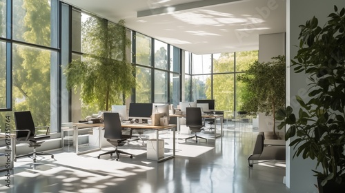 minimalist modern office, bathed in natural light streaming through floor-to-ceiling windows